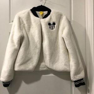Disney White Faux Fur Mickey Mouse Bomber Jacket